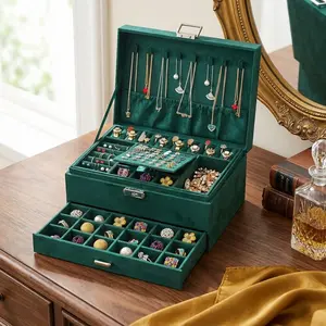 Women's Jewelry Box with Drawer, Three-Tier Large Capacity, Lock and Key, Necklace Hooks, 56 Earring Holes, Velvet Material