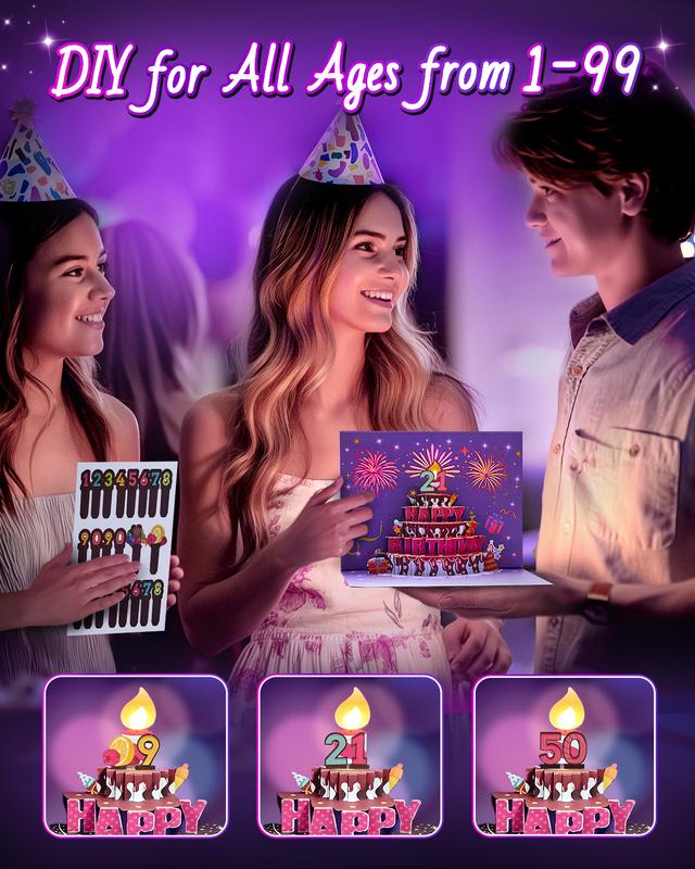 Happy Birthday Gift Card with DIY Number 1-99, Purple Birthday Card for Women with 3D Birthday Cake, Firework, Music, Envelope, Pop Up Greeting Card