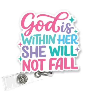 God Is Within Her She Will Not Fall Badge Reel, Inspirational Christian Scripture Retractable ID Badge Holder for Nurse Teacher Office Staff