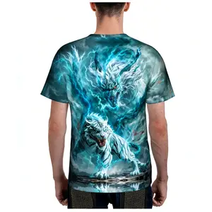 Menswear Round Neck Short-Sleeve T-Shirt, Unisex Blue Lightning Dragon & White Tiger Print, Fantasy Mythical Beast Graphic, Vibrant All-Over Print, Epic Oriental Streetwear Top