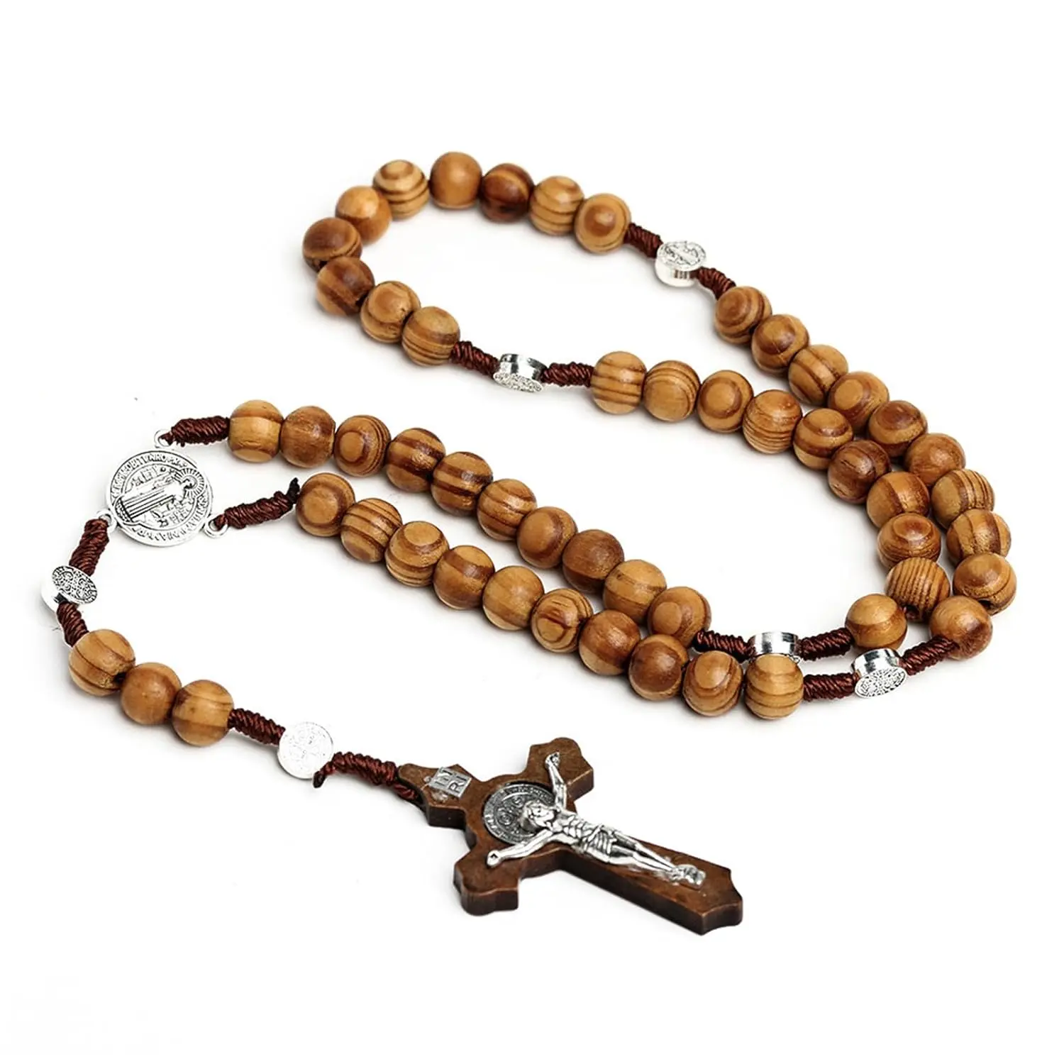 Rosary Necklace for Men Women  Bohemian  Wooden Beads Rosary Necklace Cross Crucifix Catholic Pendant Catholic Prayer  Saint Necklace with St Benedict Crucifix Cross (Brown)