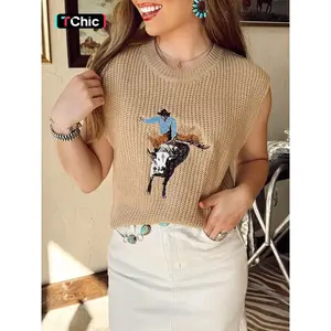 Summer Women's Leather Western Style Denim Embroidered Round Neck Ribbed Sleeveless Sweater Vest, Casual Fashion Top