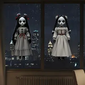 Halloween Horror Doll Window Stickers, Dark Style, Party Decorations, Living Room Bedroom Wall Art, Creepy Home Decor, Festive Stickers