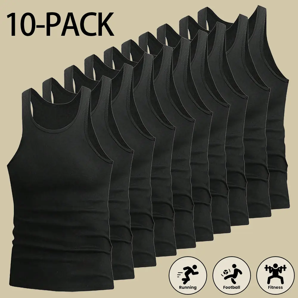 Men's Classic Ribbed Fabric 10-Pack Black Crew Neck Y-Back Tank Tops, High Elastic Sweat-Wicking Fitness Menswear, Fitted Sleeveless Training Undershirts