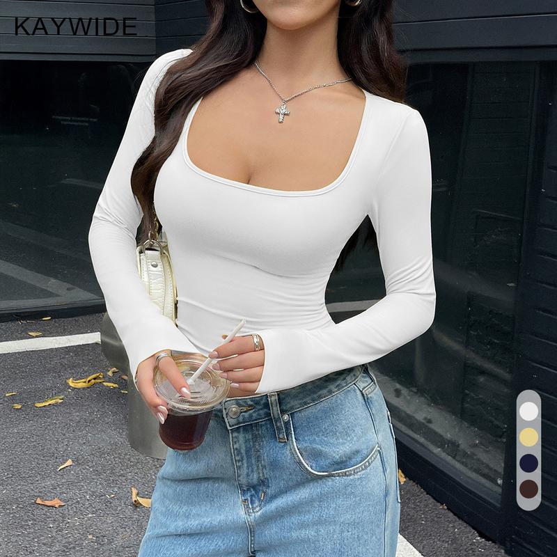 Women's Solid Color Square Neck Slim Fit Long Sleeve T-Shirt Top, Versatile Comfortable Simple Casual Cool Style, Can Be Worn Inside or Out for Everyday Casual Wear, Stretchy Comfortable Soft Fabric, Women's Clothing, Solid Color Top, Long Sleeve T-Shirt