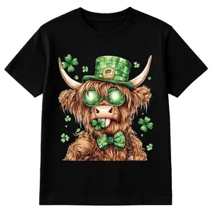 Irish Cattle Shirt Highland Cow Tee Lucky Calf St Paddys Day Shenanigans Saint Patricks Celtic Clover Tee 17 March Comfortable Casual Wear 100% Cotton Classic Fit Crew Neck Short Sleeves Womenswear Top Soft Breathable Black Tshirt