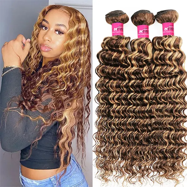 ONEMORE Highlight Deep Wave Brazilian Hair Bundles, P4-27 Ombre Brown Human Hair Weave, Quick Weave Extensions