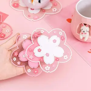 Coasters Set of 6 Kawaii Cup Mat Anti-Skid Pot Bowl Pad Placemats PVC Cherry Blossom Coaster for Drinks Coffee Table Cute Room Home Kitchen Decor Kawaii Desk Accessories(4.3in)