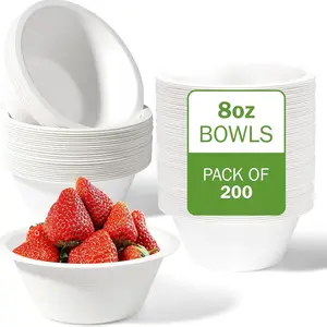 FPN Disposable Paper Bowls, 200 Pack 8 oz, Heavy-Duty Compostable, Eco-Friendly, Bagasse Bowl for Soup, Salad, Dessert & More