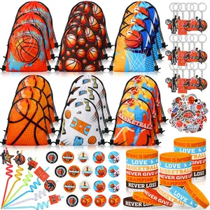 140 Pcs Basketball Party Favors Birthday Party Decorations Supplies Basketball Drawstring Bags with Silicone Bracelets Keychains Straws Button Pins Stickers for Goodie Bags Stuffers