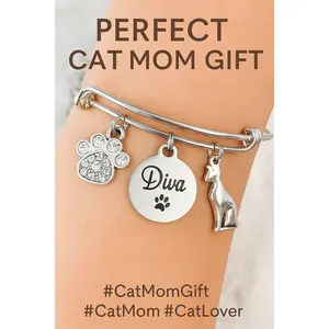 Diva Cat Charm Bracelet – Crystal Paw Print & Cat Charm – Adjustable Silver Bangle – Cat Mom Gift – Animal Lover Jewelry – Handmade Pet Bracelet
