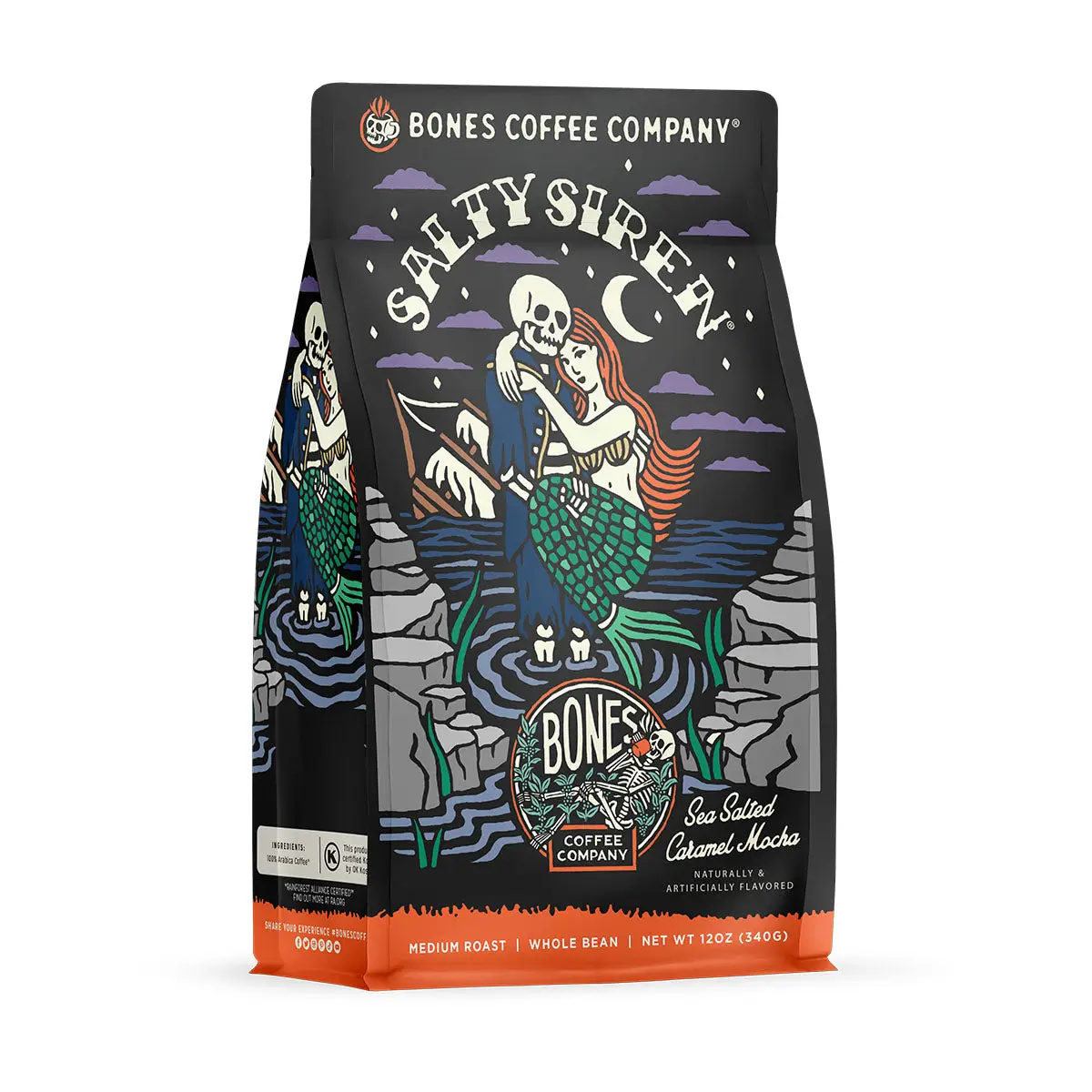 Bones Coffee Company Salty Siren, Caramel Chocolate Flavor, Made with Arabica Coffee Beans, Ground and Whole Coffee (12oz)