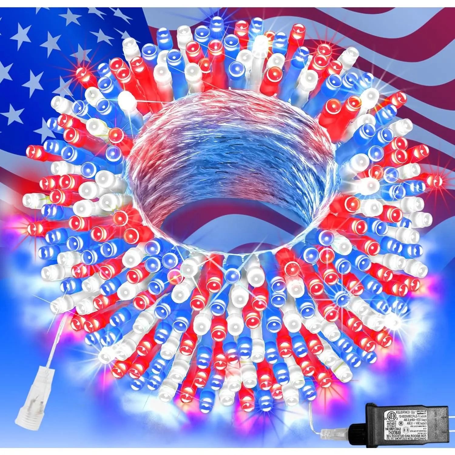 200 LED 66 FT 4th of July Decorations Lights, Red White Blue Patriotic String Lights, Outdoor Independence Day Fairy Lights 8 Modes Connectable for  Yard Patio Party Decoration, Clear Wire