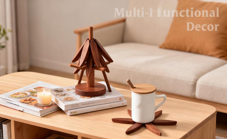 4Pcs Walnut Wood Tree Trivets with Stand Foldable Christmas Tree Design Heat Resistant Hot Pot Holders for Kitchen Dining Table Countertop Protection