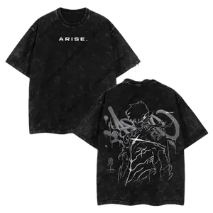 Men's Arise Sung Jin Woo Solo Leveling Anime Double Printed Oversize Lightweight Acid Washed Cotton Graphic Tee - Ribbed, Seamless, Classic Apparel, Gift for Anime Fans