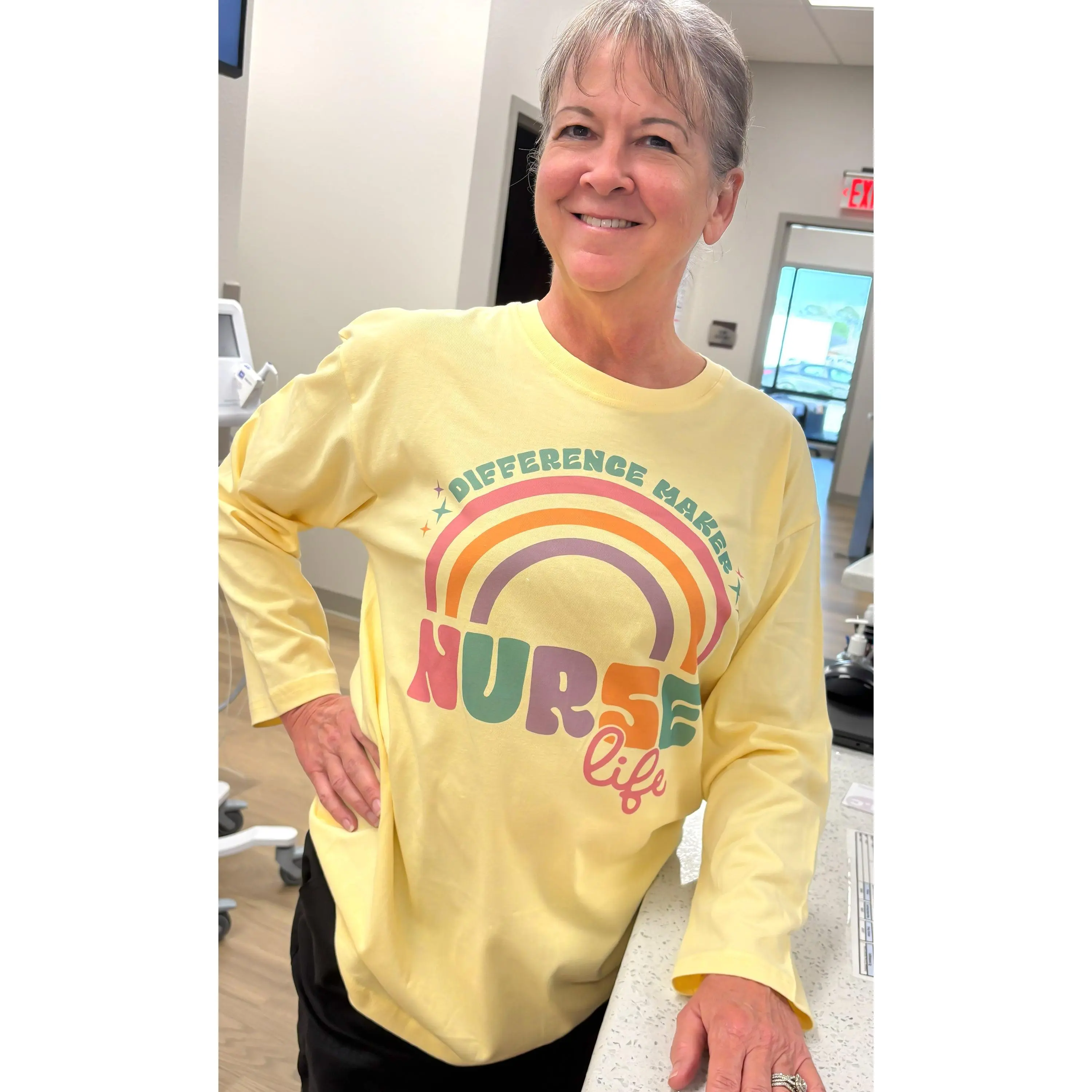 Tees2urdoor Women's Long-Sleeve "Difference Maker" T-Shirt, Casual Boyfriend Style Top in a Cotton Poly Fabric with Nurse Motif Graphic Print, Cap Sleeve, Cotton Blend