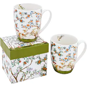 Fine  Coffee Mug Set - Bird and Branch Flower Teacup Design - 2Pack Porcelain  Cups with  Box ( 12OZ)