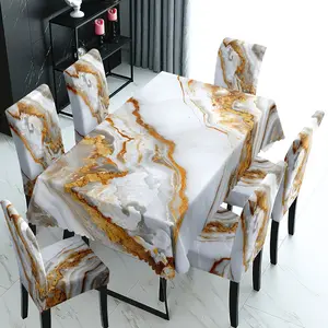 5/7pcs Set of Classic White Gilt Marble Printed Tablecloth and Chair Cover Sets Suitable for Home Dining Rooms Hotel Modern Daily Decoration Repeatedly Used