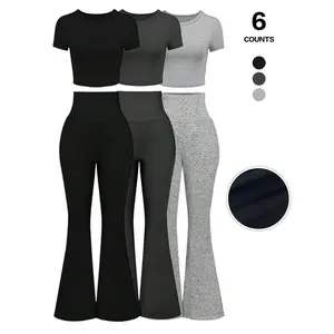 2026 Women's 2-Piece Set Short Sleeve Round Neck Top & Fleece Flared Pants, Casual All-Season, Comfortable Daily Wear