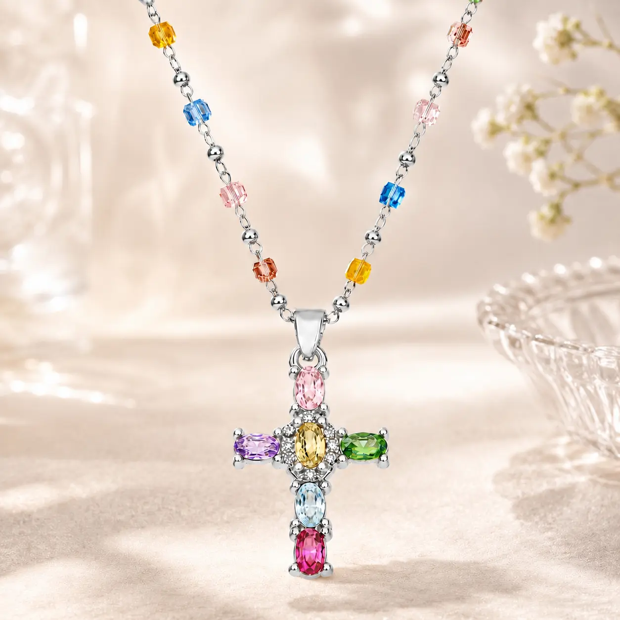 Silver Tone Multicolor Crystal Cross Pendant Beaded Chain Stackable Religious Neck Accessory Y2K Aesthetic Accessories for Women, Freak Gifts for Her Meaningful Birthday Holiday Gift For Daughter