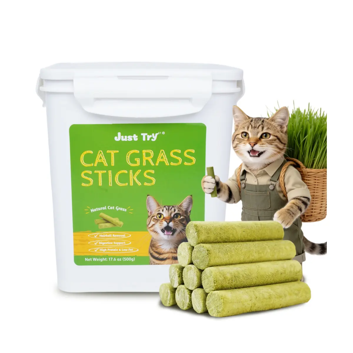 Just Try Cat Grass Sticks for Cat Hairball Control & Teeth Cleaning Dental Chews for Cats Crunchy Cat Treats for Indoor Cats Healthy Cats Treats (17.6 OZ)