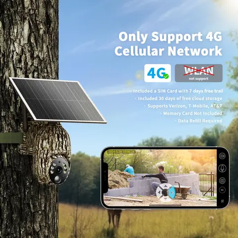 4G LTE Solar-Powered Security Camera – 2K HD Live View 360° Coverage, No WiFi Needed, Remote APP Access, Weatherproof, Motion Detection, Night Vision, Includes 4G Data Card (Refill Required for Data)