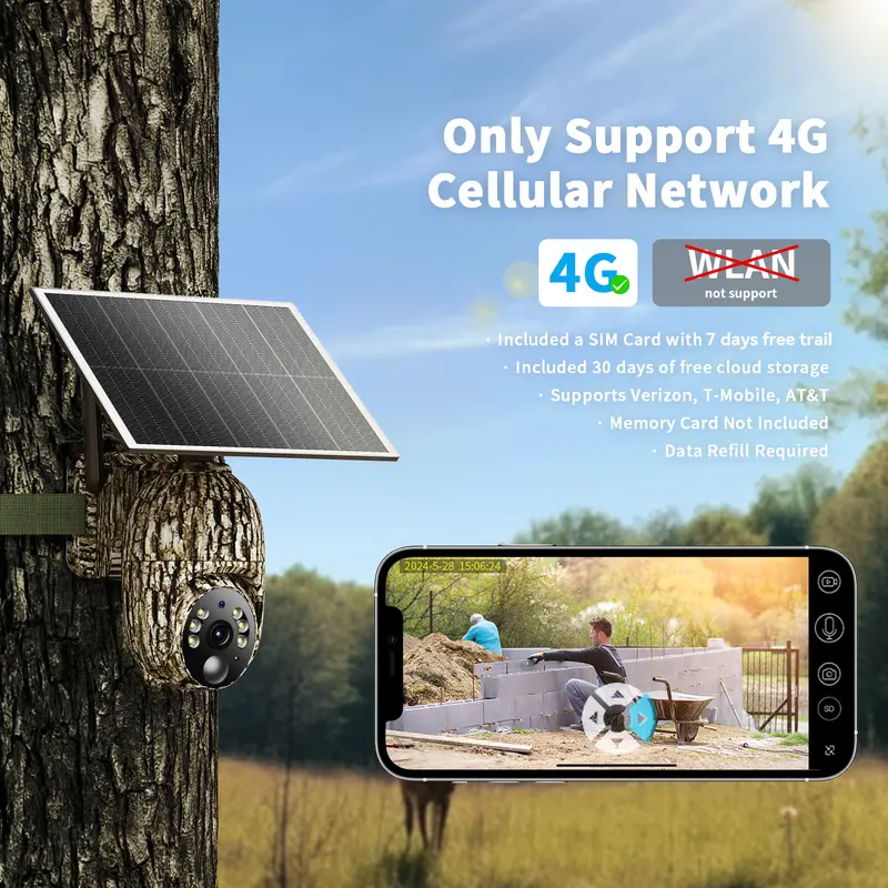 4G LTE Solar-Powered Security Camera – 2K HD Live View 360° Coverage, No WiFi Needed, Remote APP Access, Weatherproof, Motion Detection, Night Vision, Includes 4G Data Card (Refill Required for Data)