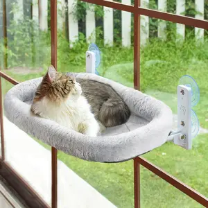 Cordless  Window Perch,  Hammock for Wall with 4  Suction Cups, Solid Metal Frame and Two Replaceable Covers, Foldable  Beds for Indoor Cats (Large-Cushion Bed-Gray)