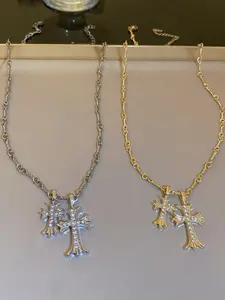 2 Piece Set Embellished Cross Necklace Couple Set, Clavicle Chain Pendant Unique Jewelry, Ethnic Pattern Design Jewelry Accessories