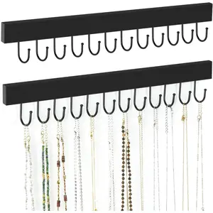 2 Pack Necklace Organizer Wall Mount, Wooden Jewelry Hanger Necklace Holder with 24 Hooks, Hanging Jewelry Organizer, Black