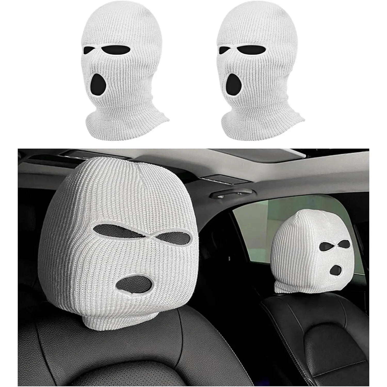 2 PCS Car Headrest Cover, Funny Face Mask Auto Front Seat Head Rest Protector, Personalized Ski Mask Seat Cover Headrest TrimWinter Full Face Mask Cover for Winter Outdoor Sports