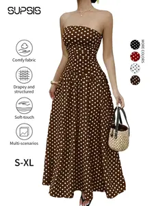 Women's Polka Dot Strapless Dress, Elegant Sleeveless Swing Flowy Maxi Dress, Spring & Summer Fitted Knit A-Type Dress