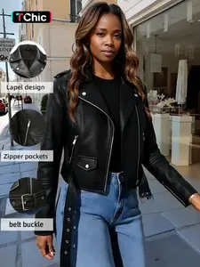 Women's Spring Jacket Vintage Street PU Coat, Fall Winter Casual Faux Leather Stand Collar Zipper Short Motorcycle Jacket with Belt
