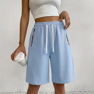 Women’s athletic shorts, solid color, drawstring, loose fit, mid-length, zippered pockets, casual fitness shorts