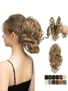Short Wavy Natural-Looking Hairpiece, Soft-Touch Synthetic Material, Messy Bun Style, Secure Claw Clip & Flexible Spring Design, Wavy Hairpieces