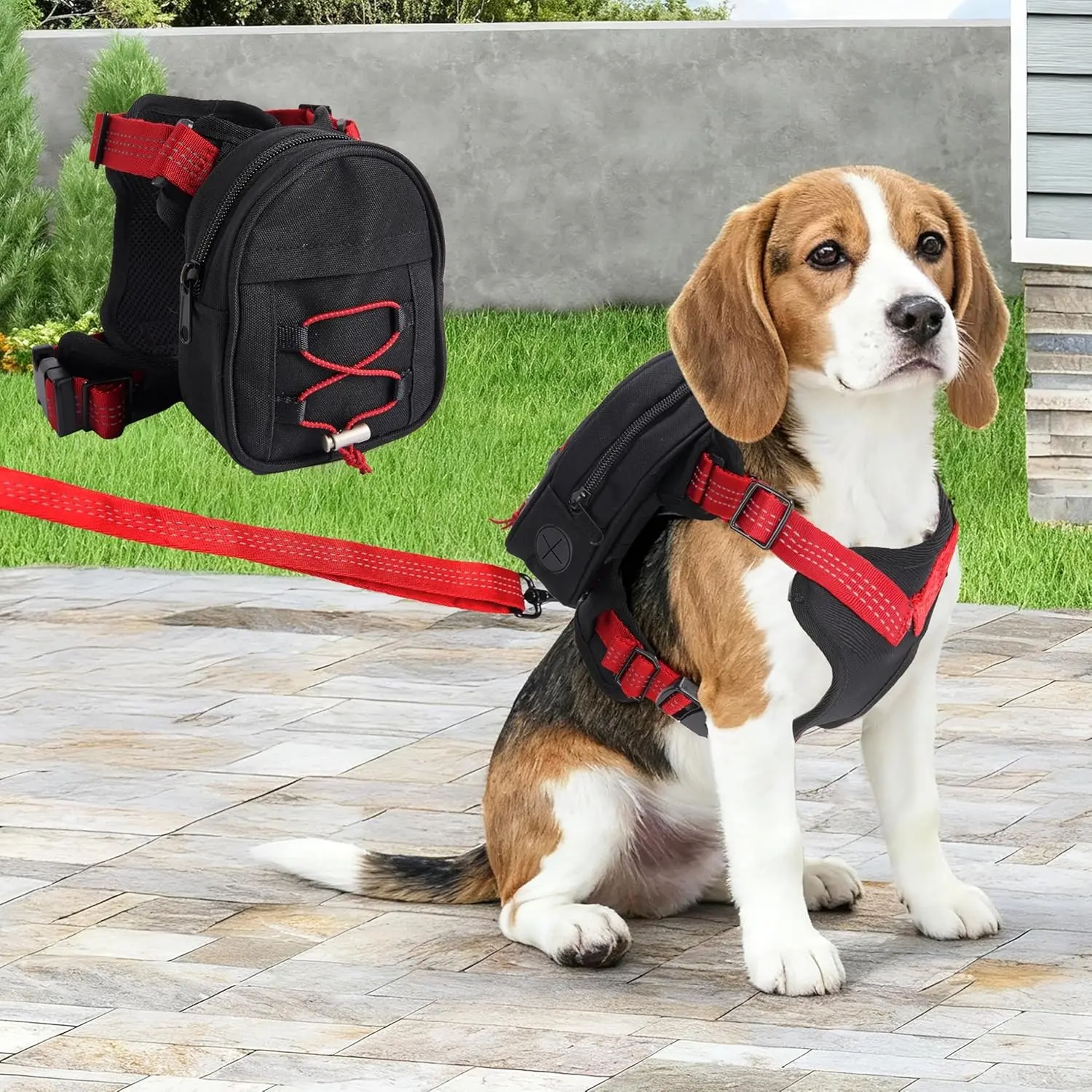 Adjustable Detachable Dog Backpack Harness for Small Dogs with Reflective Leash, Built-in Poop Bag Dispenser, for Outdoor Walking Training Adventures, Black Large