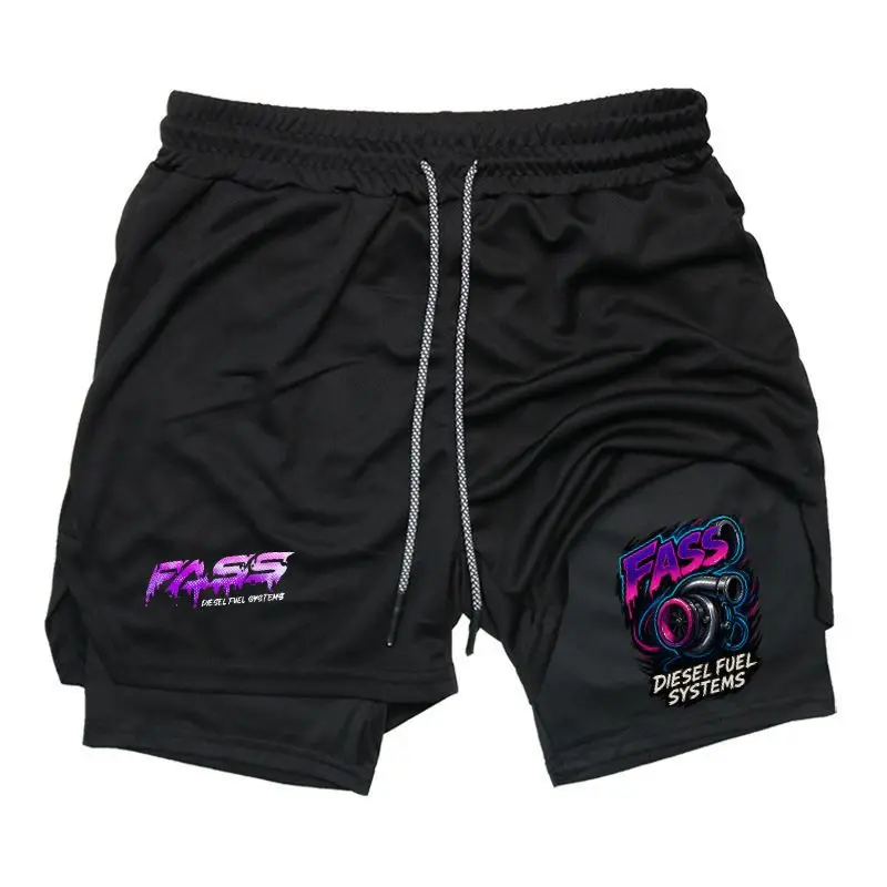 FASS Diesel Fuel Systems Men's Streetwear 2-in-1 Shorts Sweat Shorts with Racing Graphic Print Drawstring Waist Casual Summer Shorts for Men Trendy Drip Clothing