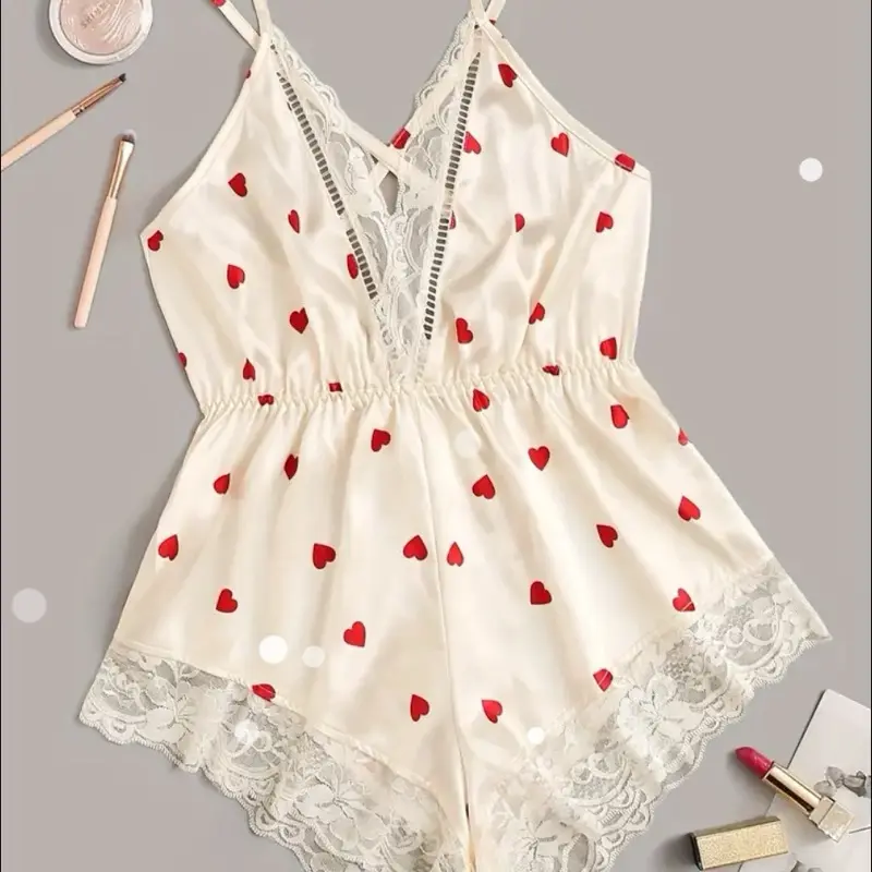 Heart Print Satin Night Romper, Contrast Lace Deep V Criss Cross Back, Women's Lingerie & Sleepwear, Soft Pink Design - Bodysuits, Womenswear Pjs Loungewear women silk