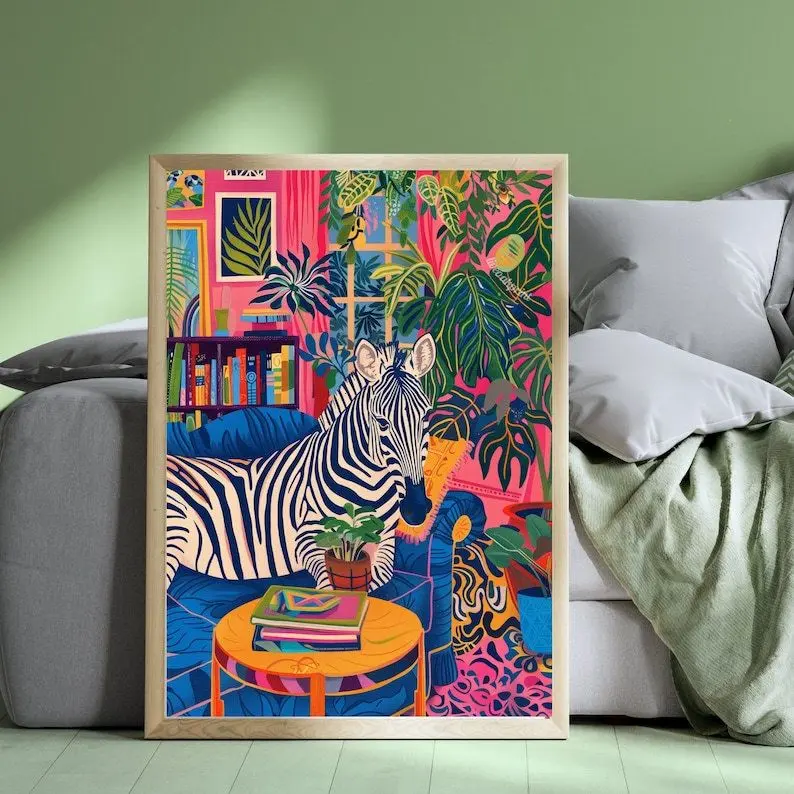 Zebra Lounging on a Luxury Sofa - Maximalist Wall Art - Zebra Print - Zebra Wall Art  - [No Frame]