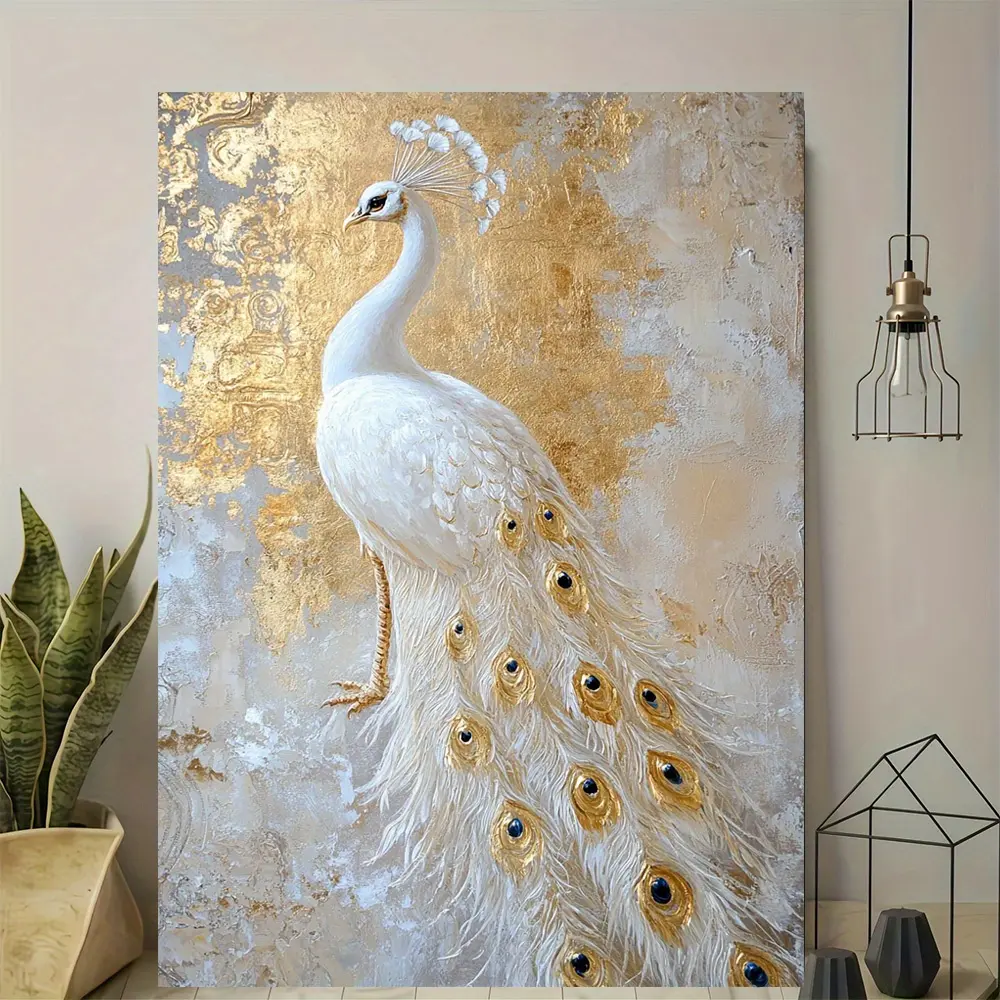 1pc 2D Flat Hanging Wooden Frame Canvas Wall Art - White Peacock Golden Background, Modern Vintage Artistic Design, High-Quality Print, Animal Print, Home Decor Items, Above Bed Wall Decor, Wardrobe Accent, Building Highlight