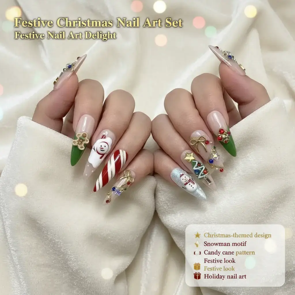 10Pcs Christmas-Themed Press-On Nails Set, 3D Handmade Fake Nails with Snowman & Candy Cane Designs for Festive Look, Multiple Shapes (Long Coffin, Short Oval, Stiletto, Almond)