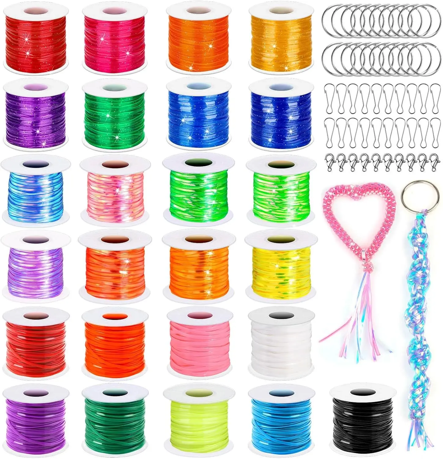 Lanyard Kit, Boondoggle & Gimp String Weaving Kit with 25 Rolls Plastic Lacing Cord, 50 Pcs Keychain Lanyard Accessories