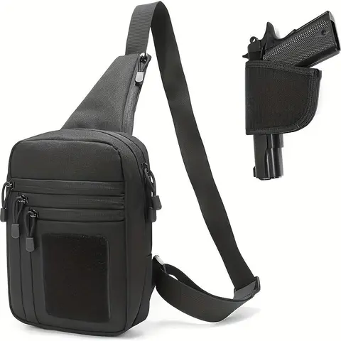 Men's Black Concealed Carry Holster Sling Bag, Small Pistol Backpack Chest Backpack, Travel, Sports, Walking Crossbody Shoulder Bag-Nylon Strap Zipper Closure