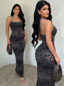 Women's Violet Leopard Print Halter Sleeveless Tight Dress, Sexy Party Street Style, Long Bodycon Dress, All-Season Fashion