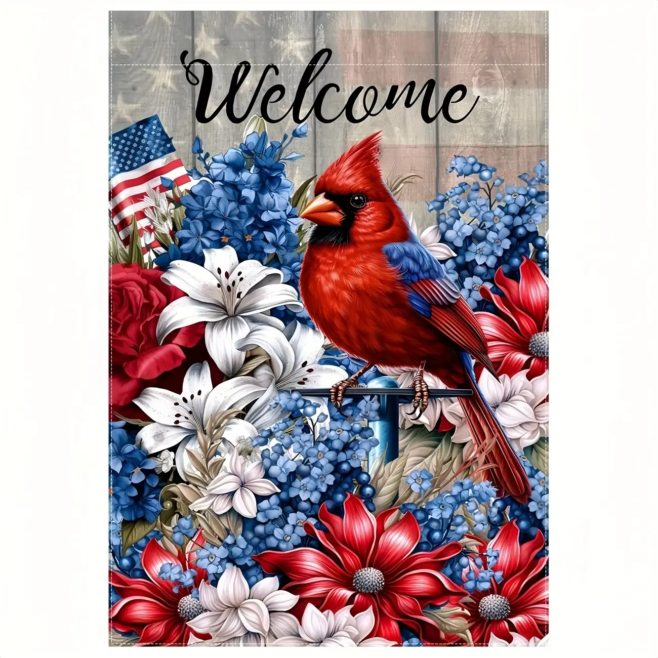 Welcome Cardinal American Flag Garden Flag 12x18 Inch, Double Sided Patriotic Floral Yard Flag, Red White Blue Hydrangea Lily Decorative Flag for Outdoor 4th of July Patriotic Red Cardinal Welcome Garden Flag, 4th of July American Flag Floral Yard Flag