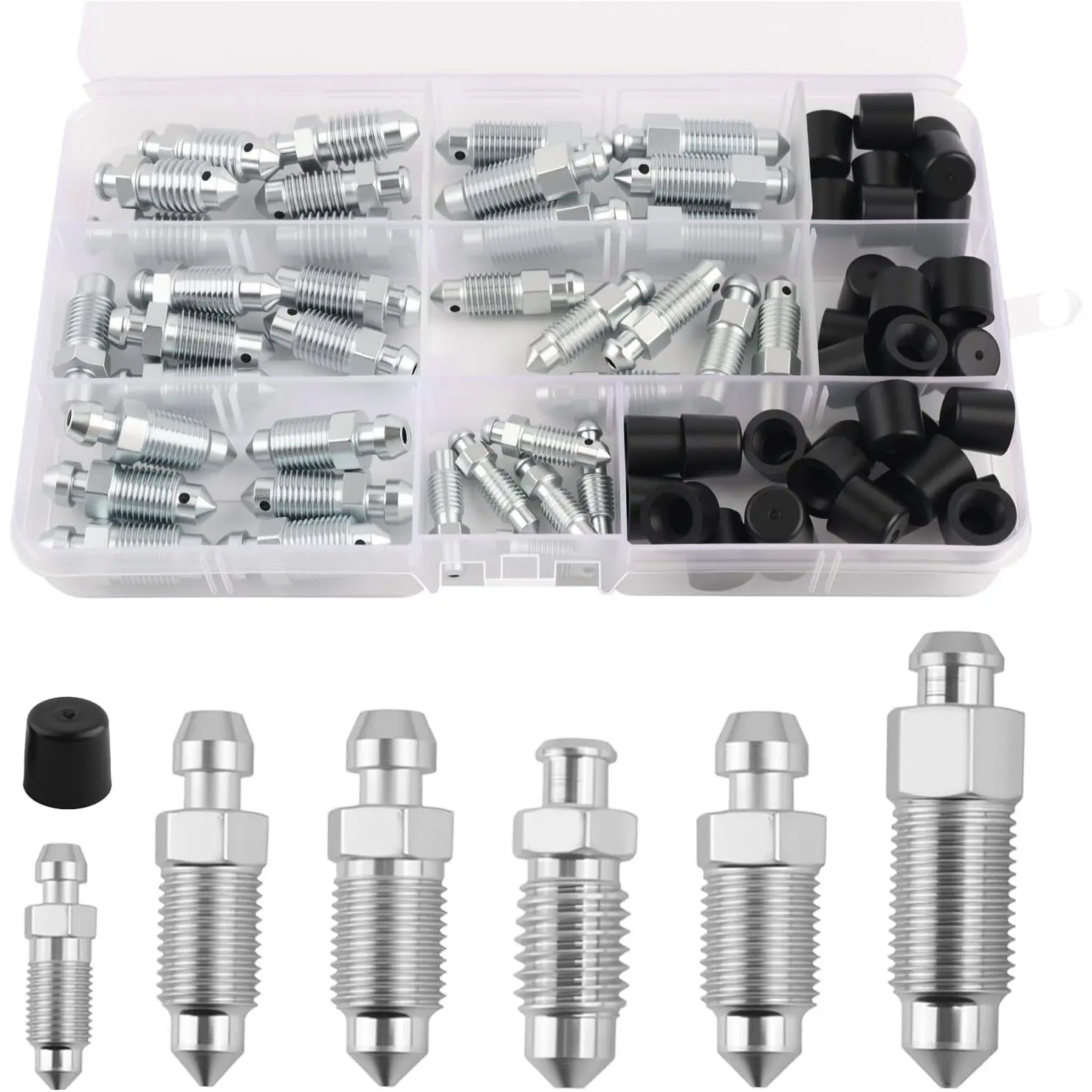 Brake Bleeder Screw Kit with Dust Cap,Multi-Size SAE & Metric Brake Bleeder Valve Kit Replacement H9403-6 H9410-6 H9406-6 H9402-6 H9407-6,Brakes Bleed Kits with Storage Box