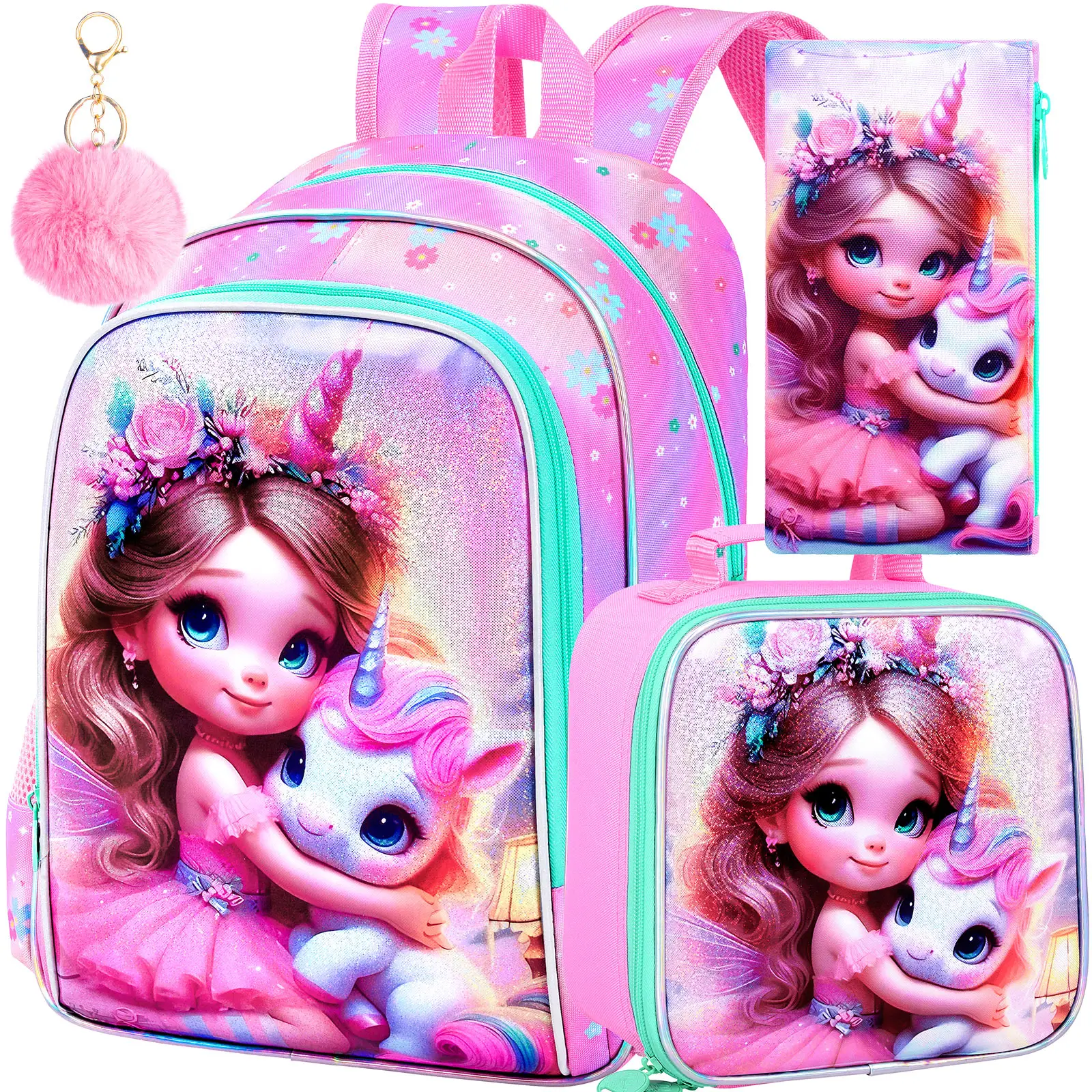 3PCS Unicorn Backpack for Girls, 16" Kids Backpacks for Girl Water Resistant Preschool, Elementary Bookbag with Lunch Box