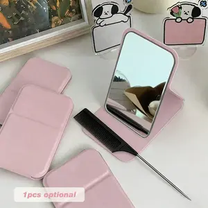 1pcs Portable Foldable Makeup Mirror,Pointed Tail Portable Organizing Comb， PU Leather Compact Mirror, Suitable As Gift, Travel Essential, Cosmetic Necessity, Easy To Store, Ideal For Birthday, Graduation, Halloween, Christmas Gifts