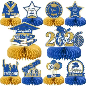 10PCS Graduation Party Decorations Class of 2026 Congrats Grad Table Centerpieces Congratulate Graduation Honeycomb Table Toppers for Graduation Party Supplies(Blue Gold)