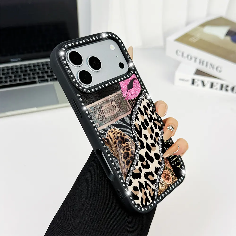Shining leopard print double-sided diamond studded phone case, military grade anti drop, stylish and beautiful phone protection case, suitable for iPhone 17 Pro Max, 16, 15 Plus, 14, 13, 12, 11 women's phone case-A192